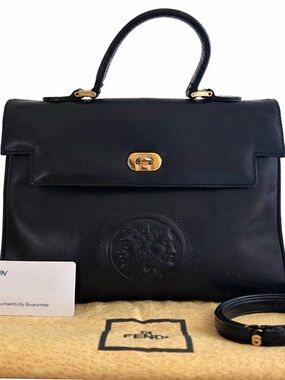 Fendi Black Leather Top Handle Satchel with Gold Hardware